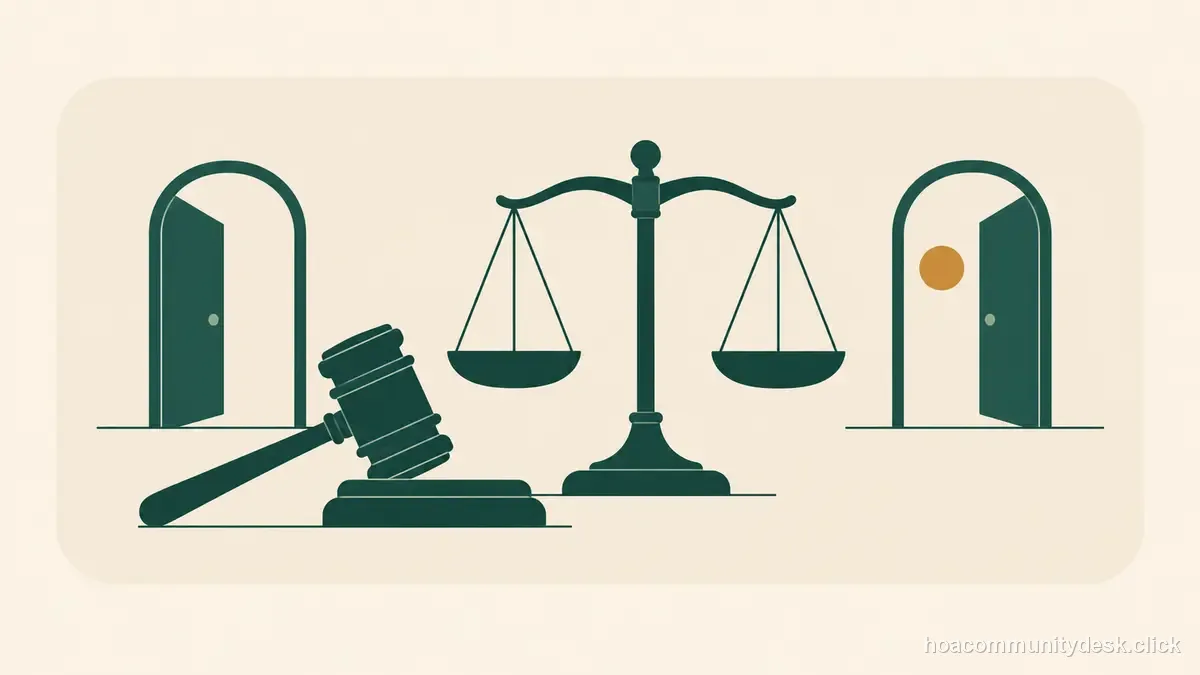 Flat editorial illustration for “HOA Arbitration Guide: Binding vs Nonbinding Questions to Ask” — Household & HOA Community Desk
