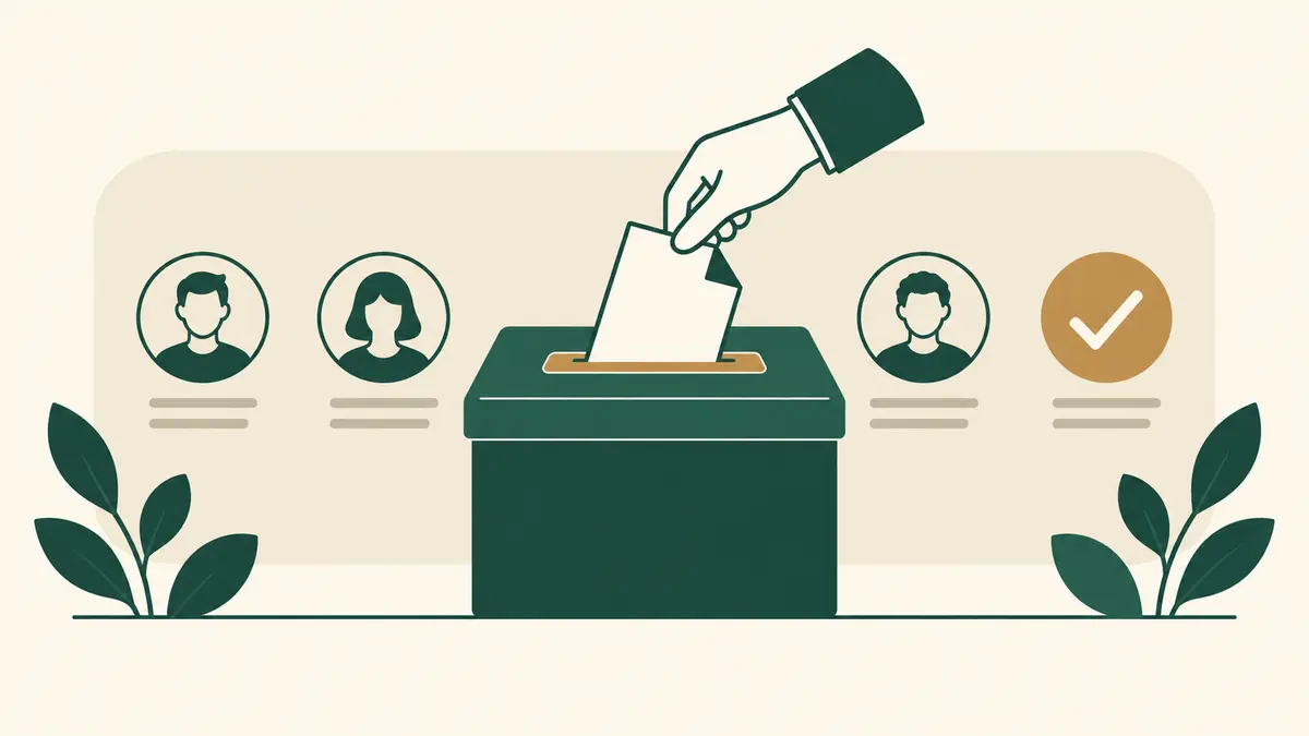 Flat editorial illustration for “HOA Board Election Process: Candidate Notice Through Vote Count” — Household & HOA Community Desk