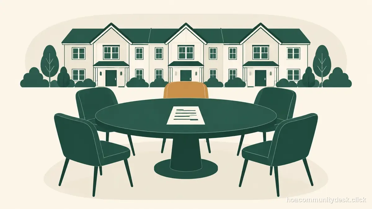 Flat editorial illustration for “HOA Board Member Responsibilities: What the Role Really Requires” — Household & HOA Community Desk
