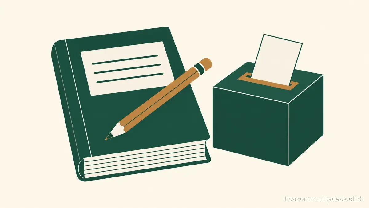 Flat editorial illustration for “HOA CC&R Amendment Process: A Practical Roadmap Before the Vote” — Household & HOA Community Desk