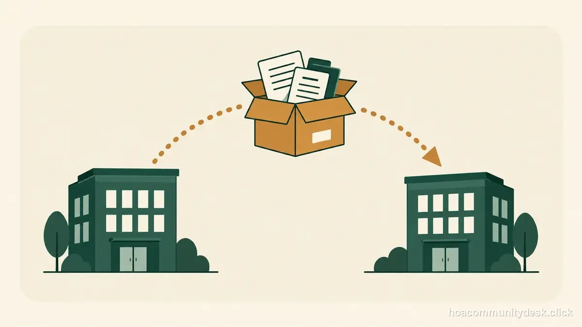 Flat editorial illustration for “Changing HOA Management Companies Without Losing Records or Momentum” — Household & HOA Community Desk