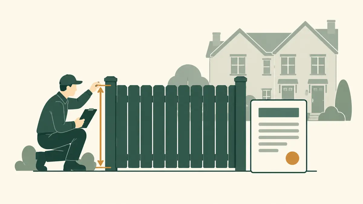 Flat editorial illustration for “HOA Fence Violation: How to Respond Before the Dispute Escalates” — Household & HOA Community Desk