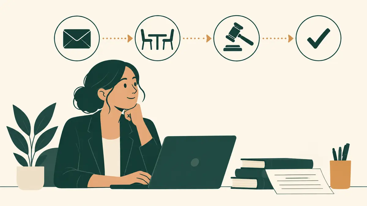 Flat editorial illustration for “HOA Fine Process Explained: Notice, Hearing, Decision, and Follow-Up” — Household & HOA Community Desk