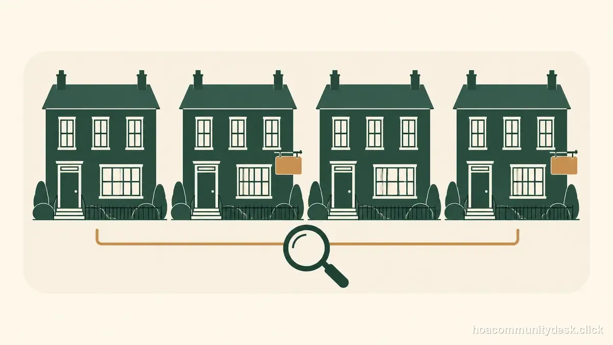 Flat editorial illustration for “HOA Inconsistent Rule Enforcement: Comparing Similar Cases Carefully” — Household & HOA Community Desk