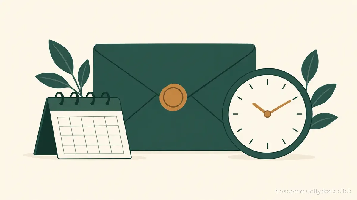 Flat editorial illustration for “HOA Meeting Notice Basics: Timing, Delivery, and Agenda Clarity” — Household & HOA Community Desk