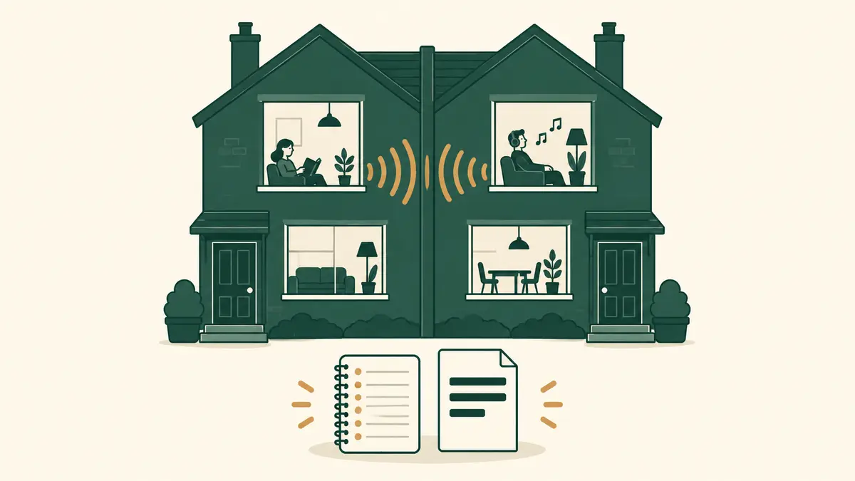 Flat editorial illustration for “HOA Noise Complaint Between Neighbors: Evidence and Resolution Steps” — Household & HOA Community Desk