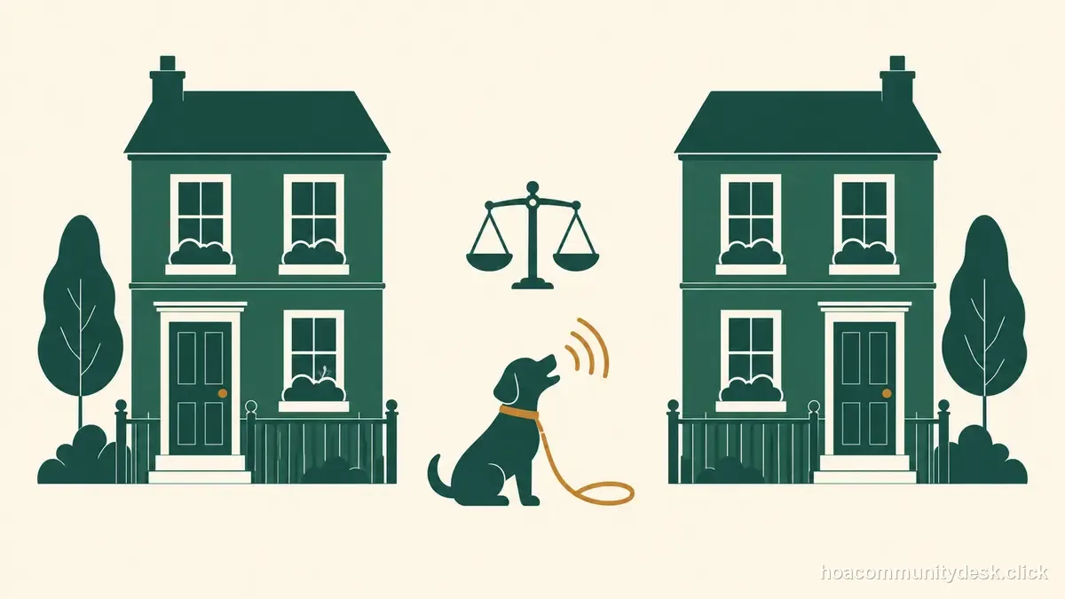 Flat editorial illustration for “HOA Pet Complaint Between Neighbors: Barking, Leashes, and Fair Enforcement” — Household & HOA Community Desk