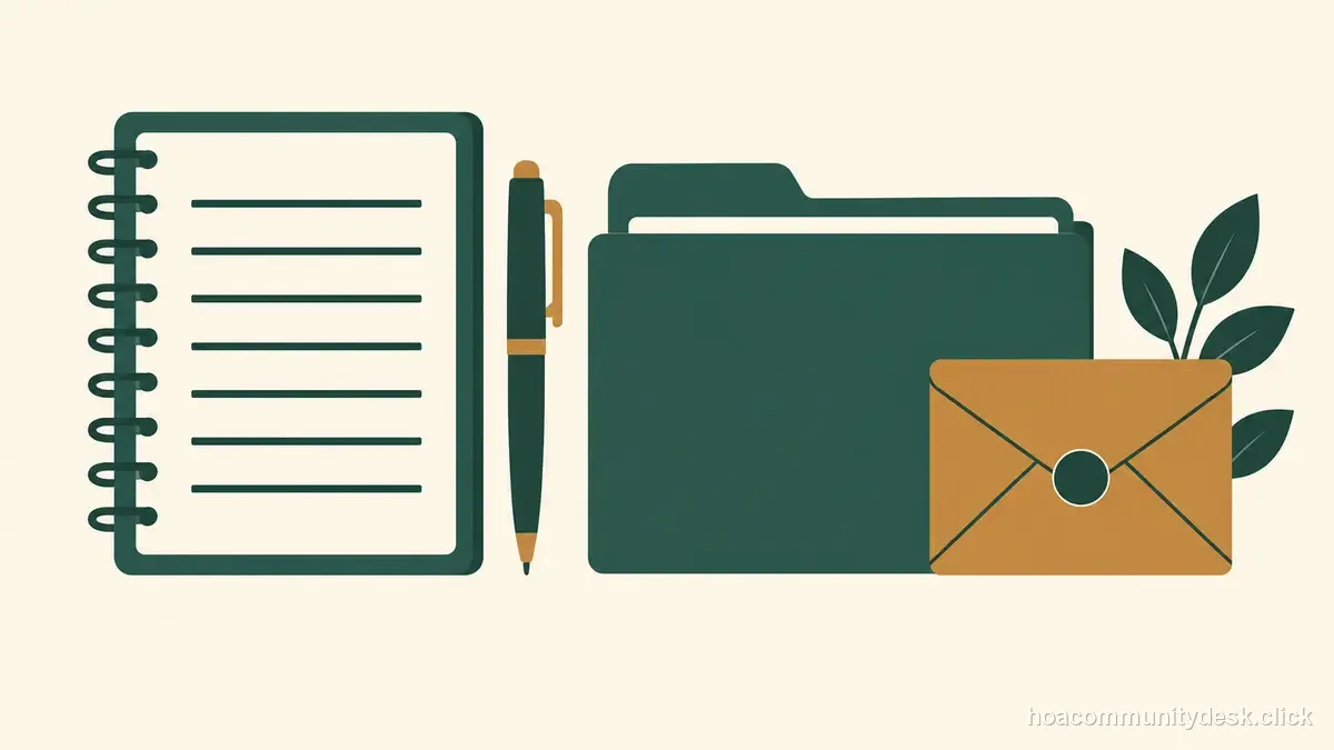 Flat editorial illustration for “HOA Secretary Responsibilities: Minutes, Records, and Notices” — Household & HOA Community Desk